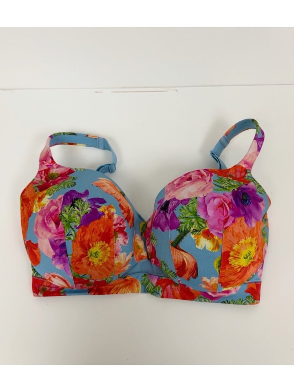 Cacique 34I Bra Blue Floral Lightly Lined Balconette Underwire Back Close